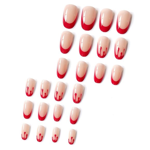 🖤❤️👻 NEW Halloween Fall Blood Drip Red French Tip Oval Short Nails 🎃❤️🖤 - Picture 5 of 5